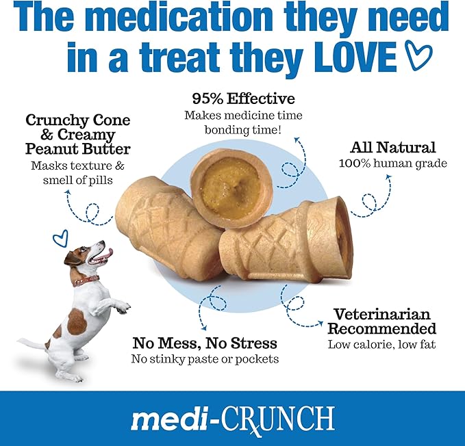 Medi-Crunch Pill Pouches for Dogs, Peanut Butter Dog Pill Treats for Capsules & Tablets, Crunchy Pill Pocket Alternative for Picky Eaters, Hypoallergenic Low Sodium Vet Recommended, 30 Treats