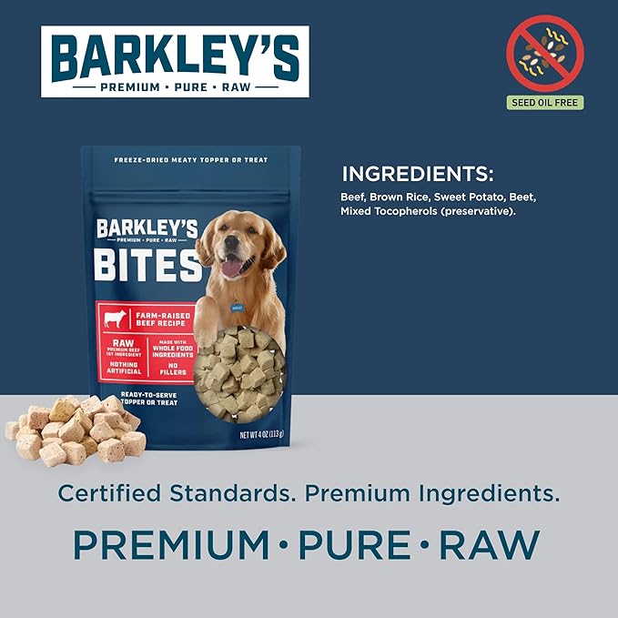 Barkley’s Bag Beef Bites, Freeze Dried Dog Treats & Food Topper, Made w/Beef, Barley, and Quinoa, Small Bite-Sized Pieces for Training Rewards, for All Dog Breeds, Ages & Sizes, 4 Oz Bag (6 Pack)