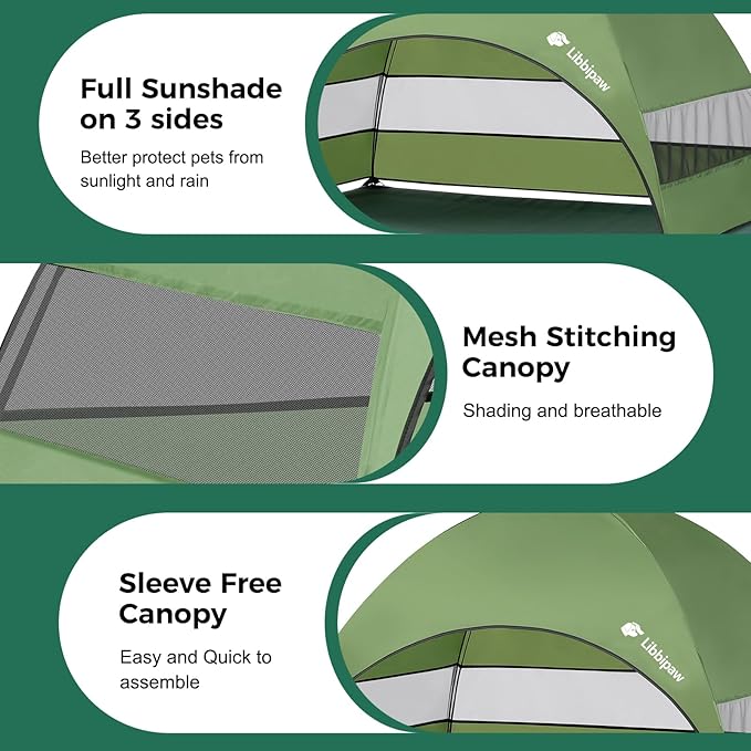 Windproof Elevated Dog Bed with Canopy & Stakes, 3-Sided 90% UV Block, Chew-Proof Teslin Mesh Mat for Large Dogs up to 150lbs(Green X-Large)