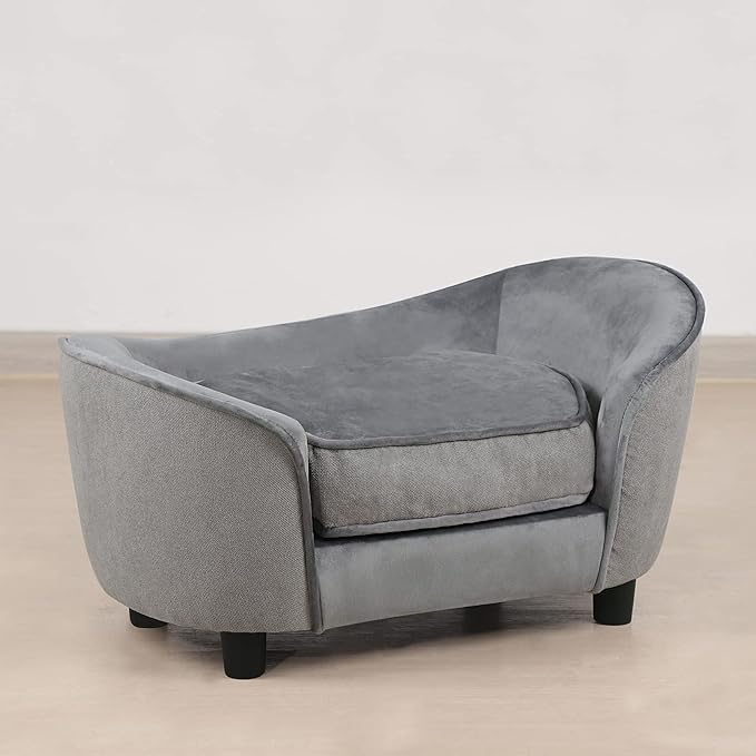 Getifun Pet Sofa Bed, Velvet & Linen Fabric Pet Couch Chair with Removeable & Washable Cushion for Small Dogs Cats (Light Gray)