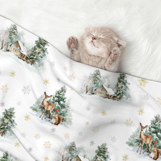 Cabin Blanket for Dogs Cats - Winter Throw Blanket 30x20 Moose Snowflake Pet Couch Blankets for Puppy