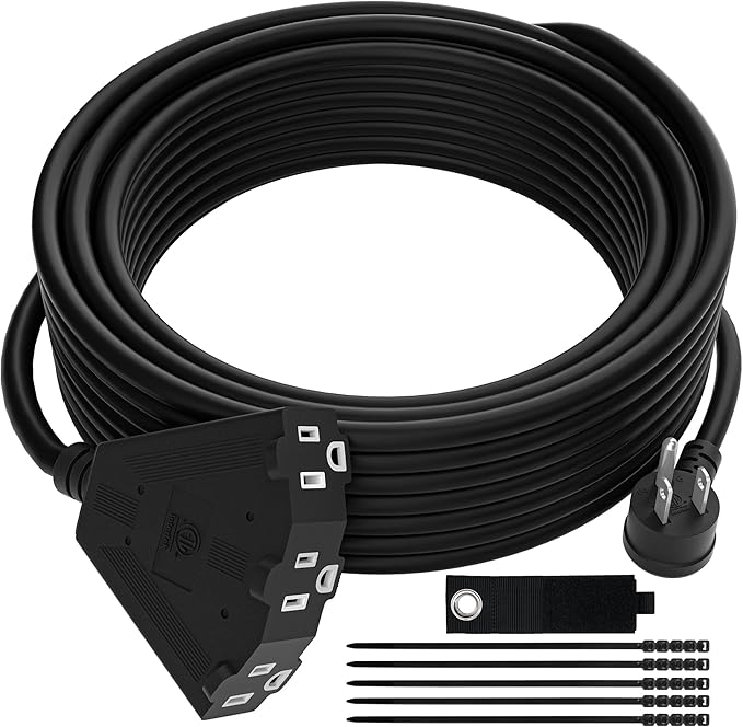 14/3 Gauge Heavy Duty Outdoor Extension Cord 4 FT, 90 Degree Angled 3 Prong Plug, 14 Gauge Power Cable with 3 Outlets, 14AWG, 15A, 125V, 1875W, ETL Listed, Black Wire, with Free Carrying Strap+Ties