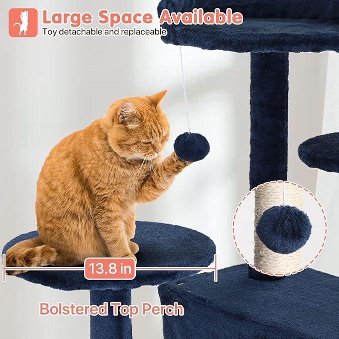 54in Cat Tree Cat Climbing Tower with Scratching Post, Cats House Perch Kitten Tree Condo Wood Playhouse, Pet Trees Tower for Indoor Cats, Navy Blue