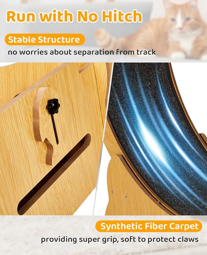 Outvita Cat Exercise Wheel for Quiet Running Indoor Use, 43.3" Cat Treadmill with Detachable Carpet, Cats Exerciser Helps Cats to Lose Weight and Keep Health, Easy to Install (Natural Wood)