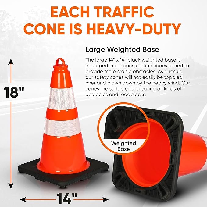 Pyle 18" PVC Traffic Cones, 12-Pack Safety Cones for Parking, Construction, Roadwork, & Sports Training, High-Visibility Orange, Durable, Stackable Design, Heavy-Duty Base for Stability in All Weather
