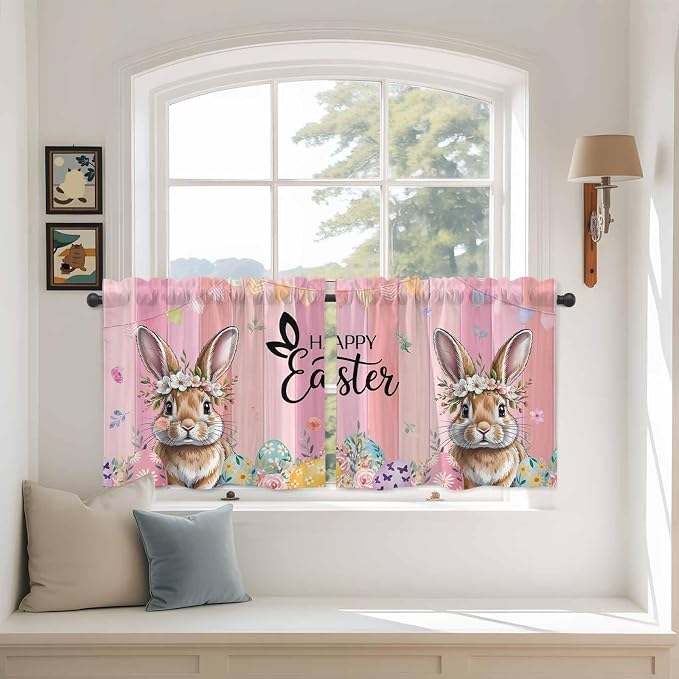 Easter Tier Curtains, Spring Rabbit Eggs Flowers Flags Leaves Wood Grain Light