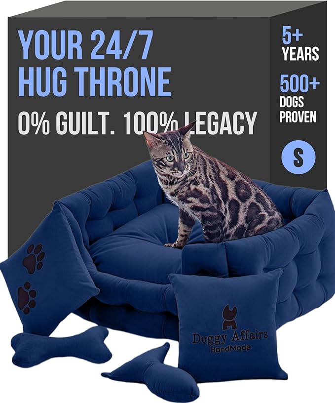 Luxury Cat and Dog Bed Chesterfield – Handcrafted Velvet Throne for Dogs | Joint Support, Calming & Temp-Regulating Comfort | Durable 5+ Years, Anti-Claw, Washable 100+ Times – S, Blue