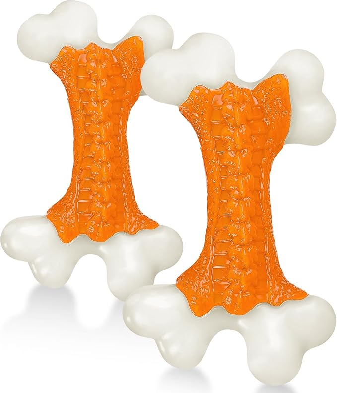 2-Pack Indestructible Dog Toys for Aggressive Chewers: Peanut Butter Flavored Hard Nylon Bone Chew Toys, Tough Dog Chew Toys, Dog Toys to Keep Them Busy for Medium Large Dogs, Orange