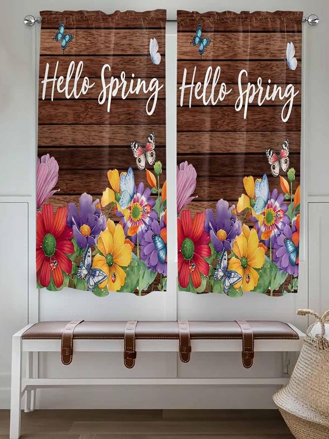 Spring Flowers Bedroom Curtains 63 Inches length, Watercolor Farmhouse Colorful