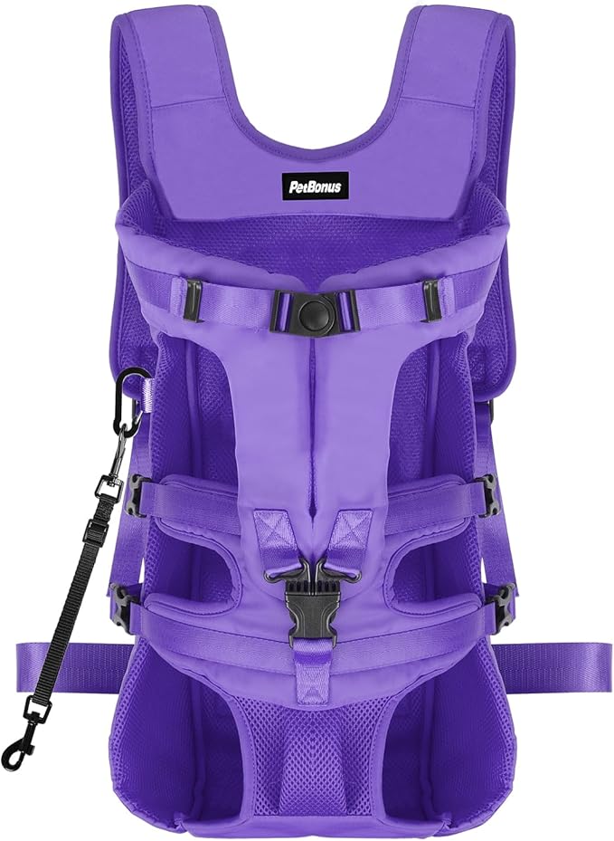 PetBonus Pet Front Dog Carrier Backpacks, Adjustable Pet Backpack, Legs Out Easy-fit Puppy Chest Carrier for Medium Small Dogs, Hands Free for Hiking, Cycling (Purple, XL)