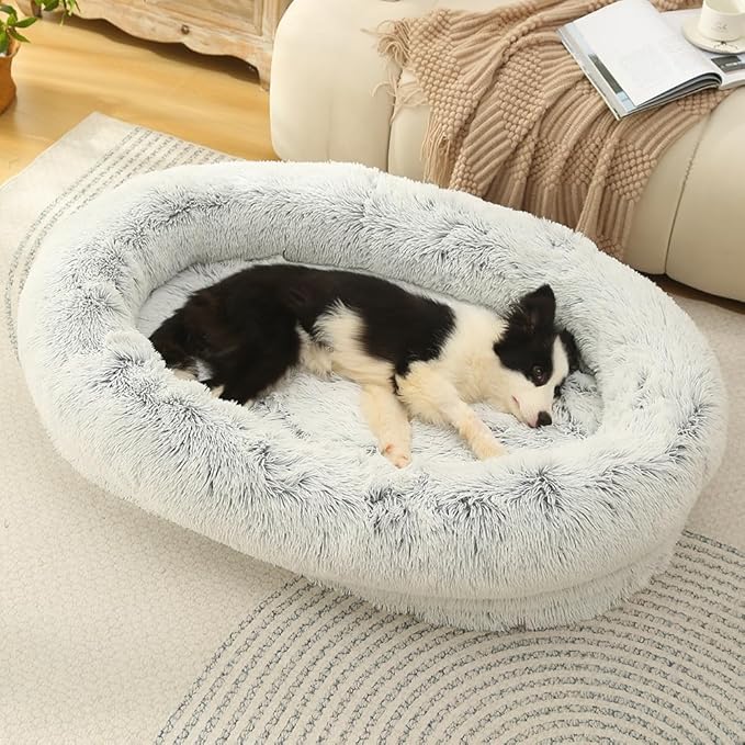 Glow Pups Calming Dog Bed, Memory Foam Bolster, Luxurious Faux Fur, Cozy Oval Design, Machine Washable Cover, Light Grey (41.3 x 29.5 x 9.8)