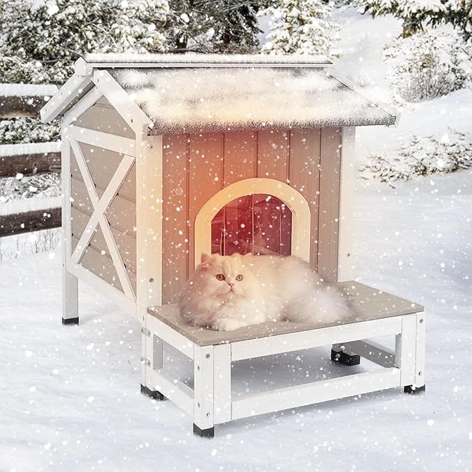 PetsCosset Outdoor Cat House with Insulated Liner for Winter, Insulated Feral Cat Shelter Weatherproof for Outside with Openable Asphalt Roof, Large Balcony, Escape Door