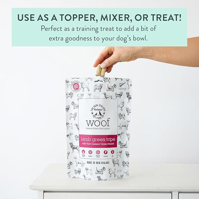 The New Zealand Natural Pet Food Co. WOOF Freeze Dried Dog Topper – Lamb Green Tripe, High Protein, Digestive Support, Topper or Treat – 6.3 oz