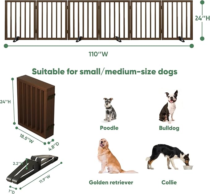 Dog Gates for Doorways, Freestanding Dog Gate Indoor, Foldable Pet Gates for Doorways Bedroom, Puppy Gate with Metal Support Feet, Room Divider 6 Panels (Dark Walnut)
