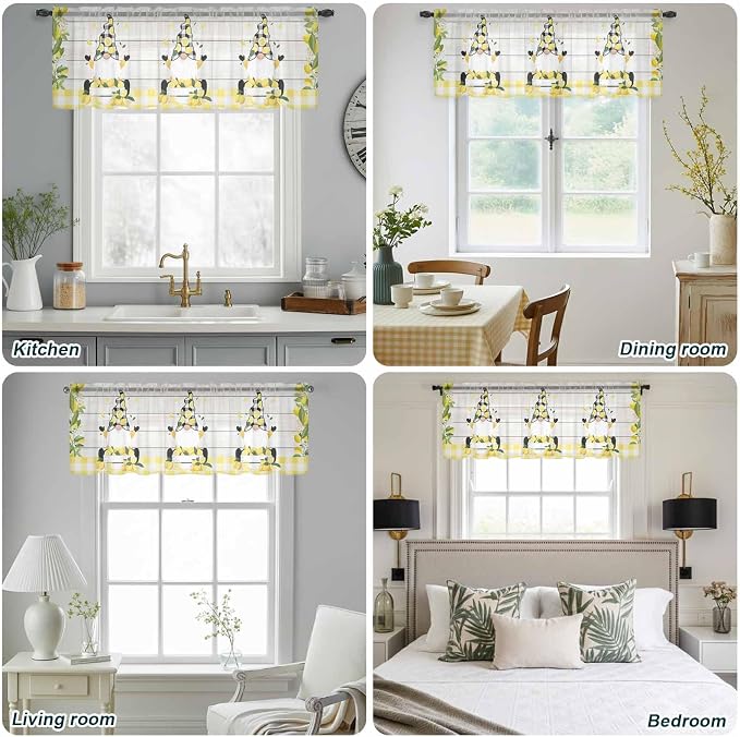 Lemon Dwarfs Sheer Valance Curtains, Gnome Green Leaf Wood Striped Black Plaid