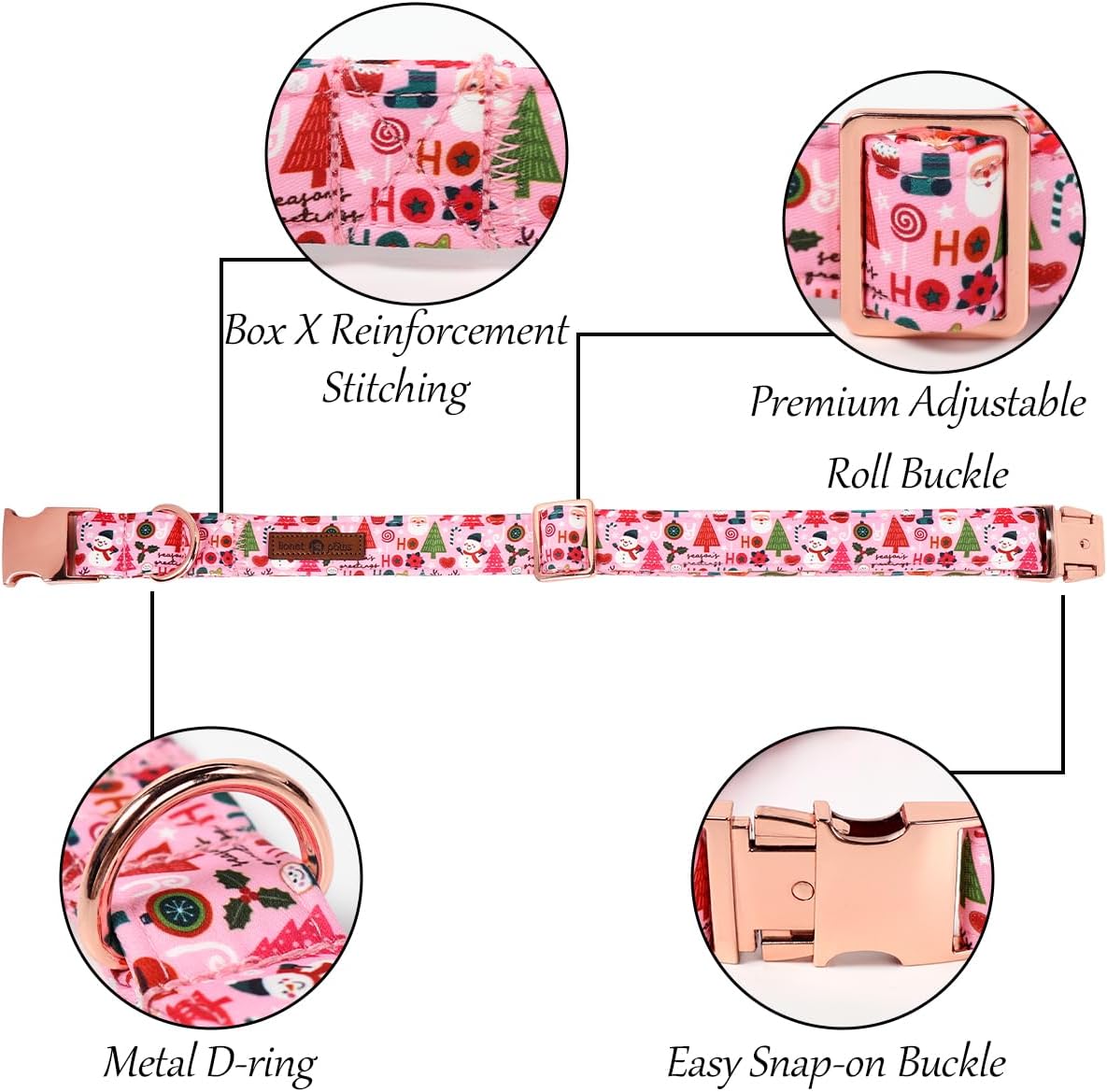 Lionet Paws Christmas Dog Collar with Bow tie,Cute Ho Christmas Tree Snowman Pink Dog Collar Bow Tie for X-Large Dogs Female, Neck 16-26 inches