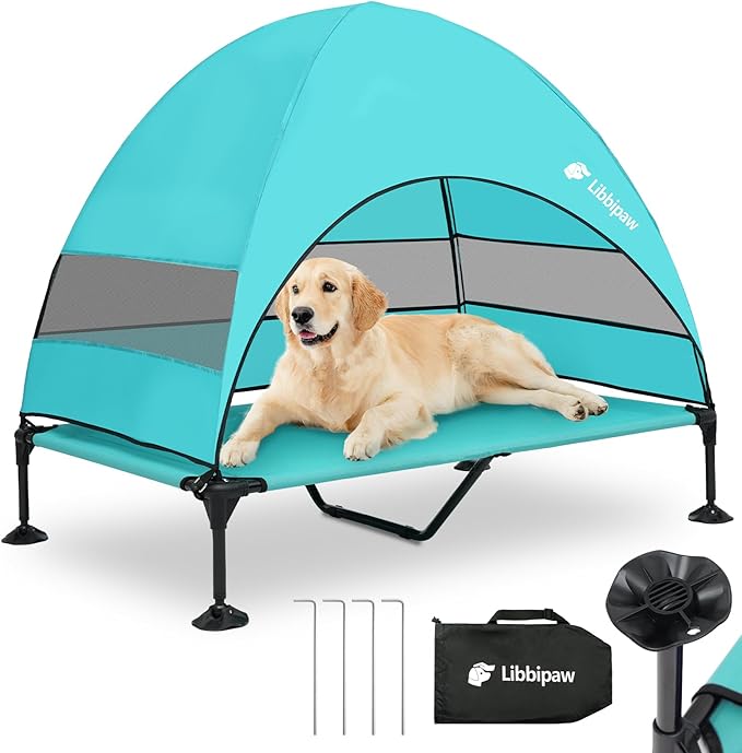 Windproof Elevated Dog Bed with Canopy & Stakes, 3-Sided 90% UV Block, Chew-Proof Teslin Mesh Mat for Large Dogs up to 150lbs(Blue X-Large)