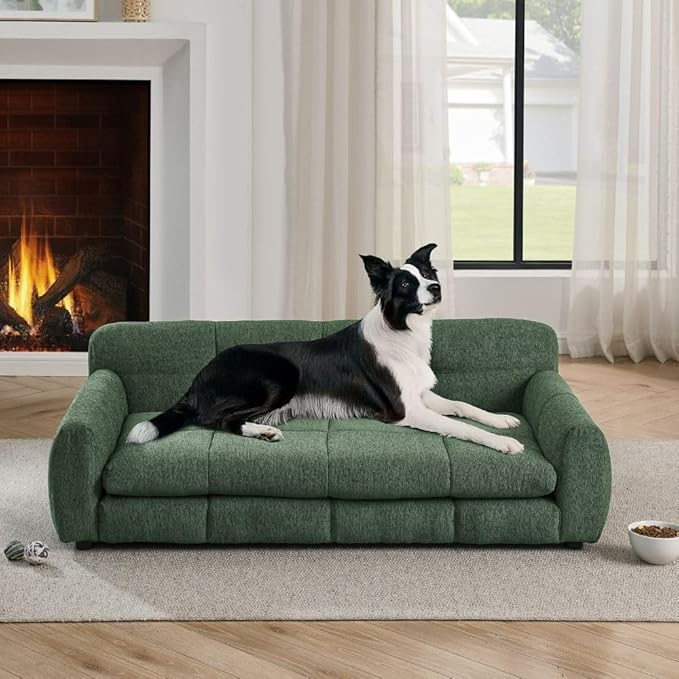 Modern Pet Sofa Bed for Large Dogs Up to 130lbs, Luxurious Living Room Dog Couch with Supportive Backrest and Armrests, Easy-to-Clean Linen Fabric Elevated Pet Furniture