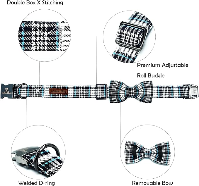 Lionheart glory Dog Bow Collar Blue and Black Plaid Dog Collar for Large Dogs,Boy Dog Collars with Bowtie Spring Summer Collars Soft Adjustable Pet Collar Bows