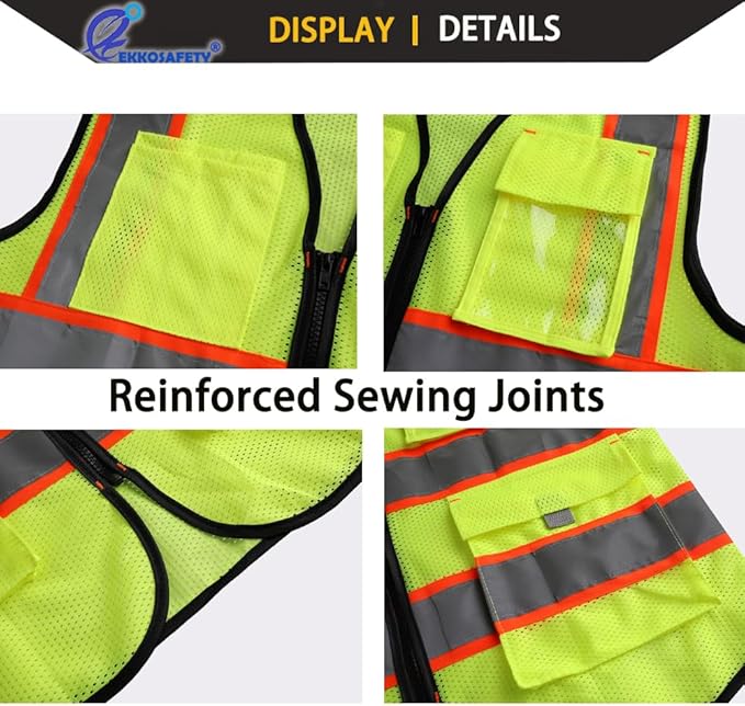 9 Pockets High Vis Safety Vest for Men with Double Stitching Knots around All Pockets and Zipper Edges Mesh Class 2 High Visibility Reflective Vest,Meets ANSI/ISEA Standards(EK176-Yellow-L)