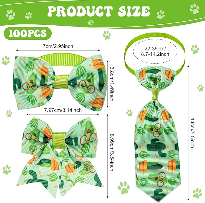 Reginary 100 Pieces Dog Bow Tie Collar Set Include 40 Dog Neckties, and 30 Puppy Bowties, 30 Collar Flowers, Adjustable Pet Ties Grooming for Small Medium Cats Pets Supply(Cactus)