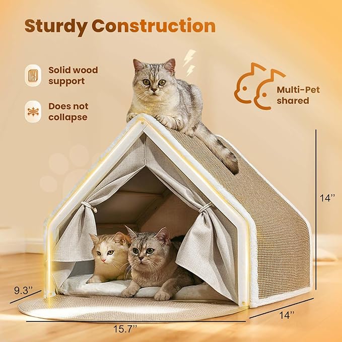 Cat Houses for Indoor Cats - 4 Seasons Cat Bed Cave with Natural Sisal Cat Scratcher Mat, Solid Wood Frame Cat House with Curtains and Cat Floor Scratching Pad Rug, Protect Couch and Carpets, S