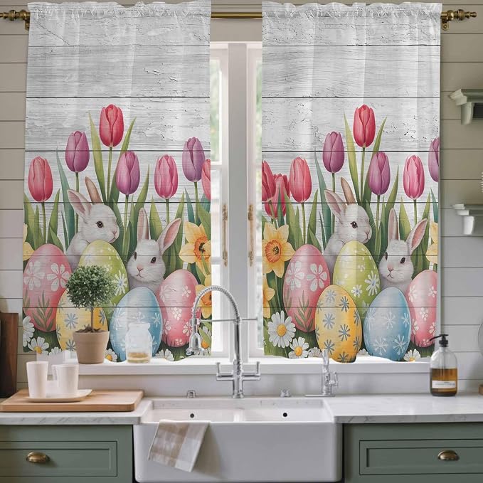 Easter Window Curtains 63 Inch Long 2 Panel Set, Rod Pocket Bedroom Curtains &