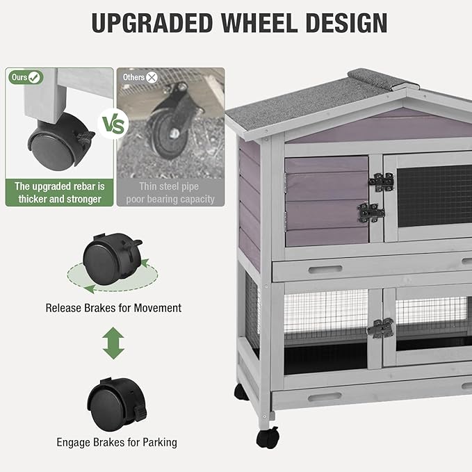 Indoor/Outdoor Rabbit Hutch with Pull-Out Tray, Weatherproof Bunny Cage & Attached Run - Also for Chickens (Grey, L)