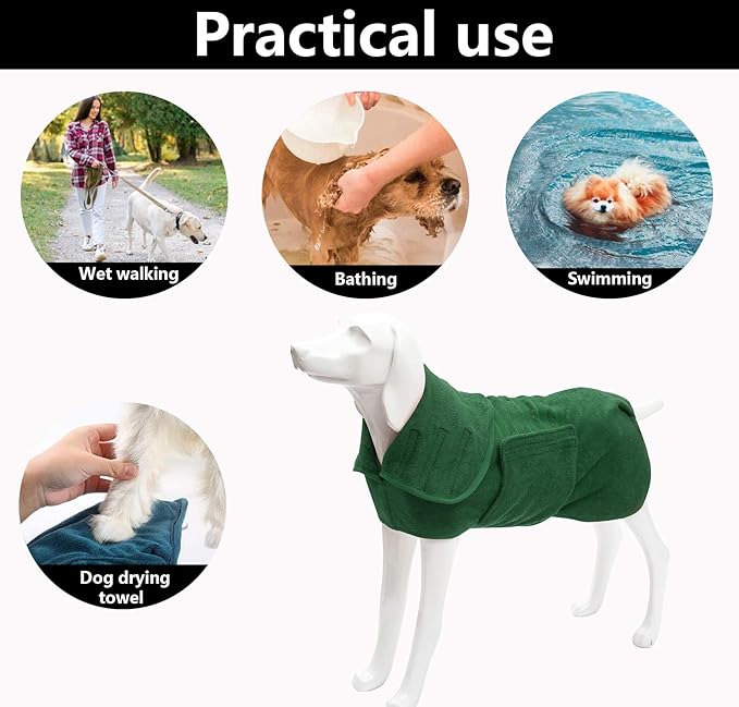 Geyecete Dog Drying Coat - Fast Drying Bag, Bathrobe Towel - Microfibre Super Absorbent Pet Cat Bath Robe, Luxuriously Soft - Green - XXXL