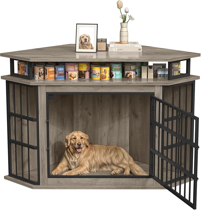 Corner Dog Crate Furniture with 2-Tier Shelves 51" Large Dog Kennel Indoor Wooden TV Stand Modern Dog Cage Decorative Pet House