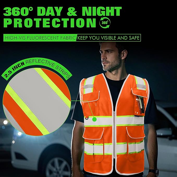 BeautyWill Custom Logo 10 Pockets Safety Vest Class2 ANSI Certified High Visibility Reflective Vest