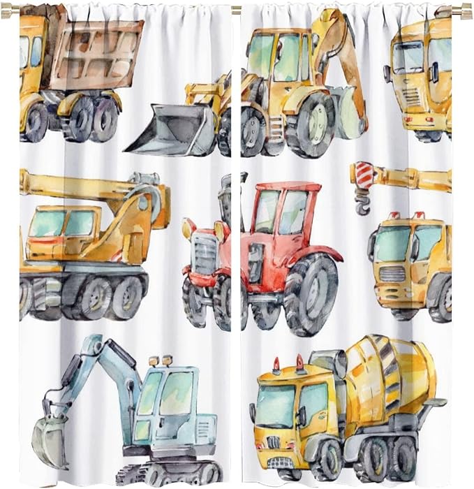 Kids Excavator Curtains, Retro Truck Tractor Machinery Construction Vehicle