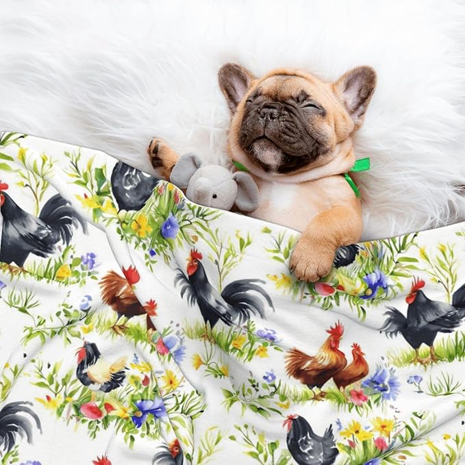 Pet Blanket for Travel and Home, Rooster Chicken Watercolor Flowers, Reversible Plush Dot Design with Soft Grip Texture on One Side Perfect for Car Seats Moving Vehicles