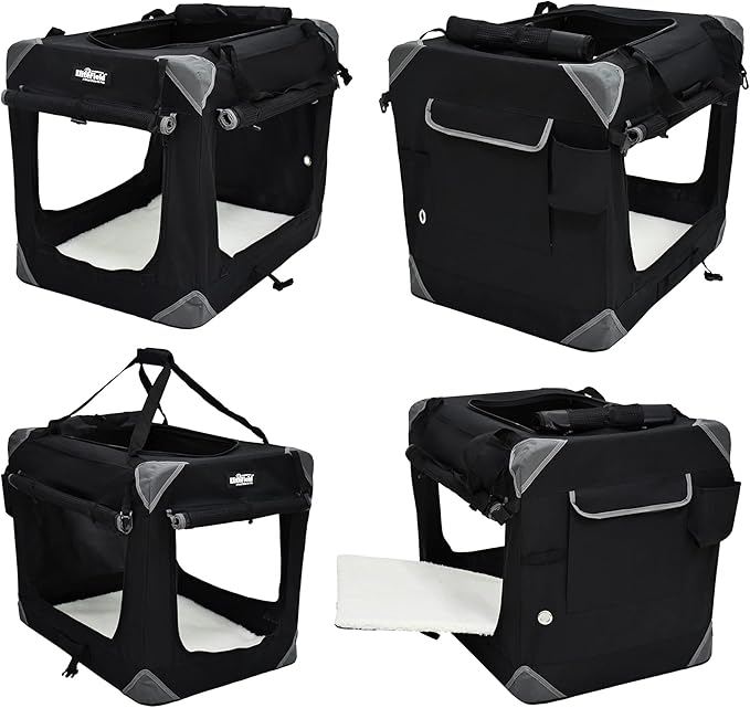 EliteField 4-Door Folding Soft Dog Crate with Curtains, Carrying Bag and Fleece Bed (2 Year Warranty), Indoor & Outdoor Pet Home (30" L x 21" W x 24" H, Black+4 Door Curtains)