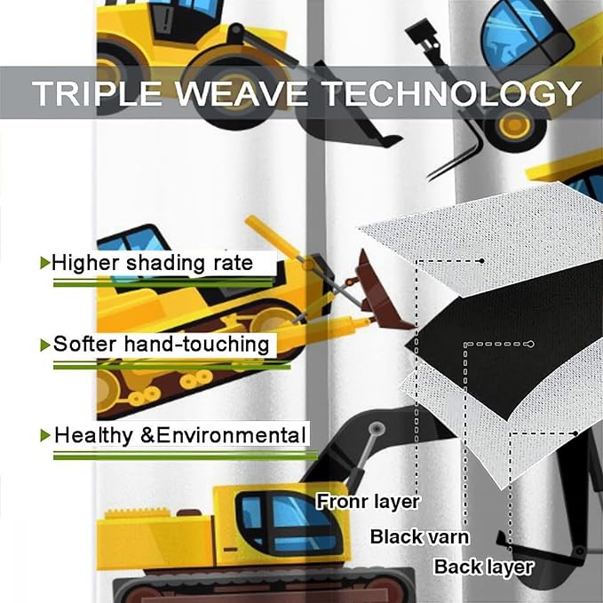 Kids Construction Equipment Window Curtains, Excavator Tractor Tow Truck Rod