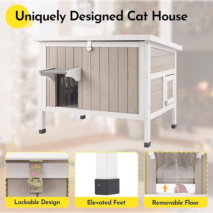 Insulated Outdoor Cat House Weatherproof, Wooden Cat House with All-Round Foam Insulation, 2 Doors, Feral Cats Shelter for Winter, 34.4''x21.6''x25.6''