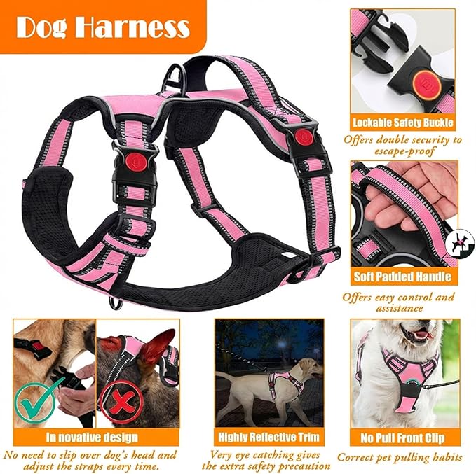 No Pull Dog Harness, Collar & Leash Set | Includes Dog Seat Belt, Collapsible Bowls & Poop Bag Dispenser. Ideal for Training, Walking, Hiking. Fits Small to Large Dogs(Pink-XL)
