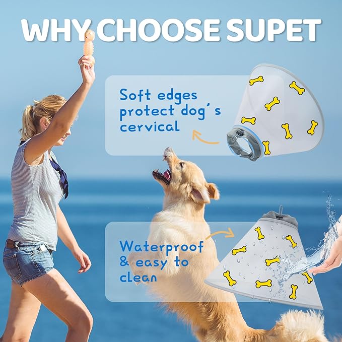 Supet Dog Cone Collar After Surgery to Stop Licking: Adjustable Recovery Elizabeth Collar Alternative for Large Medium Small Dogs, Plastic Pet Head Neck Cone (L)