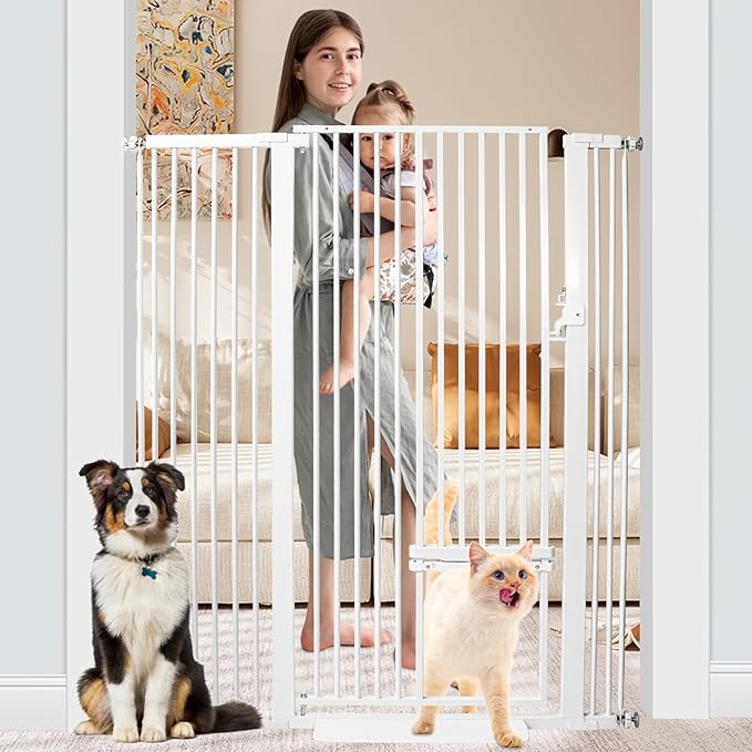 55 Inch Extra Tall Pet Gate with Small Cat Door,29.55"-46.06" Adjustable Wide Dog Gate, Tall Cats Gates for Doorway, Stairs, House(White)