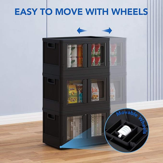 FLEXIMOUNTS 150 QT Stackable Storage Bins With Lids, Collapsible Plastic Storage Bins, Closet Organizers and Storage Containers with Doors and Built-in Wheels For Home, 4 Pack Cubes, Black