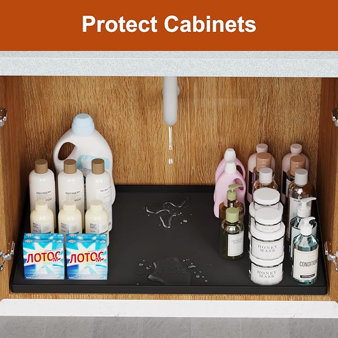 Extra Thick Silicone Mat Waterproof with Raised Edge 34" x 22", Under Sink Mat for Kitchen & Bathroom, Kitchen Cabinet Liner, Multi-Purpose for Storage & Protection, Black