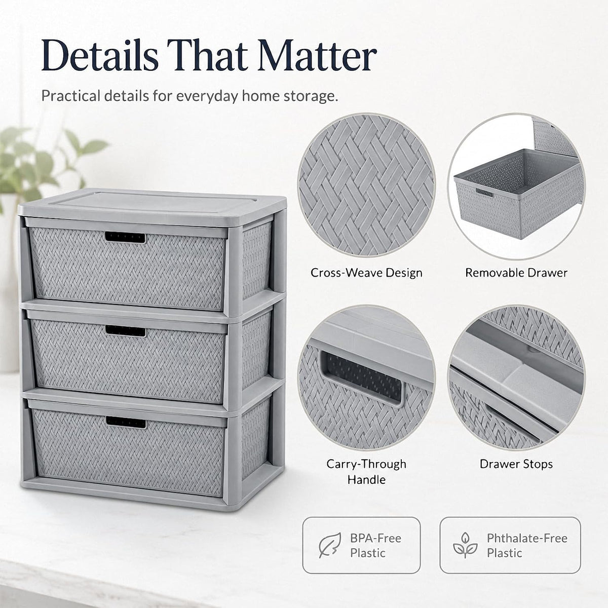 3 Drawer Storage Organizer, Plastic Drawer Organizer Tower, Gray