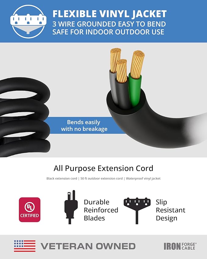 Iron Forge Cable 50 Ft Black Extension Cord with 3 Outlets - 16/3 SJTW 50 Foot Extension Cord 3 Prong, Weatherproof Exterior Power Cable for Outdoor