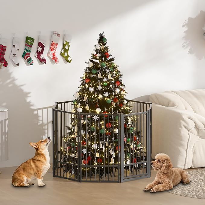 Full Metal Freestanding Dog Gate with Door, 36''Height Foldable Pet Dog Fence for Indoor & Outdoor, 8 Panels Extra Wide Free Standing TallDog Gates for Doorways,House,Stairs,Porch,Deck,Yard