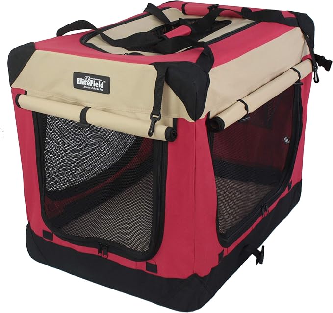 EliteField 4-Door Folding Soft Dog Crate with Curtains, Carrying Bag and Fleece Bed (2 Year Warranty), Indoor & Outdoor Pet Home (30" L x 21" W x 24" H, Red+Beige)