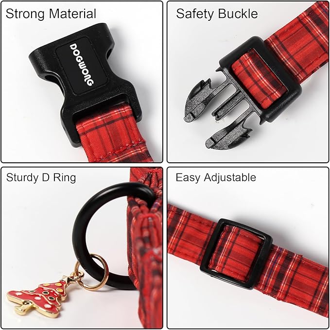 DOGWONG Christmas Plaid Dog Collar, Cute Adjustable Red Tartan Collar, Red Grid Dog Collar with Strong Plastic Buckle for Small Medium Large Dogs,XL