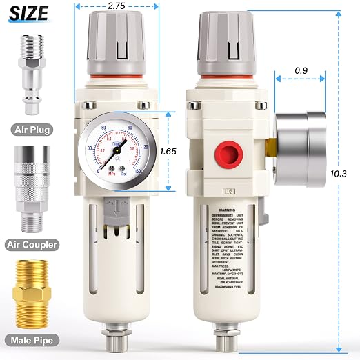 TAILONZ PNEUMATIC 1/2 Inch NPT White Air Filter Pressure Regulator Combo
