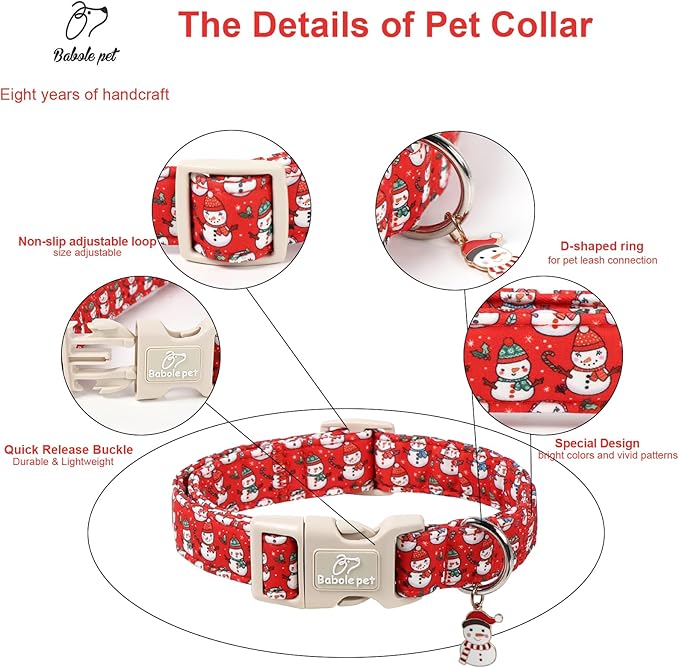 Christmas Dog Collar - Cute Red Snowman Christmas Puppy Collar with Safety Buckle, Soft Adjustable Holiday Dog Collars for Small Medium Large Dogs XS