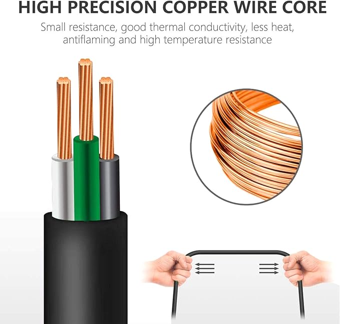 10FT 12/3 Extension Cord Heavy Duty Black 3-Outlet Indoor/Outdoor SJTW Lighted 12-Gauge Grounded Power Cable,12AWG 15 Amp, 1875 Watts，UL Listed，Safety