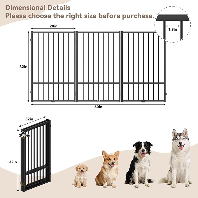 Full Metal Freestanding Dog Gate with Door, 32''Height Foldable Pet Dog Fence for Indoor & Outdoor, 3 Panels Extra Wide Free Standing TallDog Gates for Doorways,House,Stairs,Porch,Deck,Yard